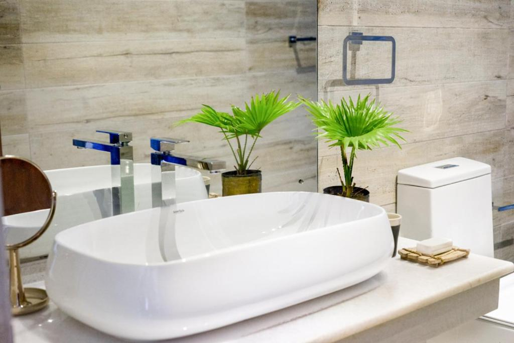 A basin and potted palms in the bathroom of a Superior Double Room