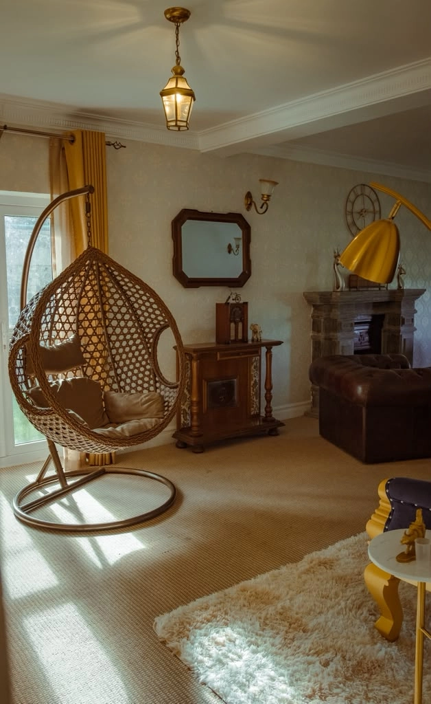 The fireplace in the living room at Little England