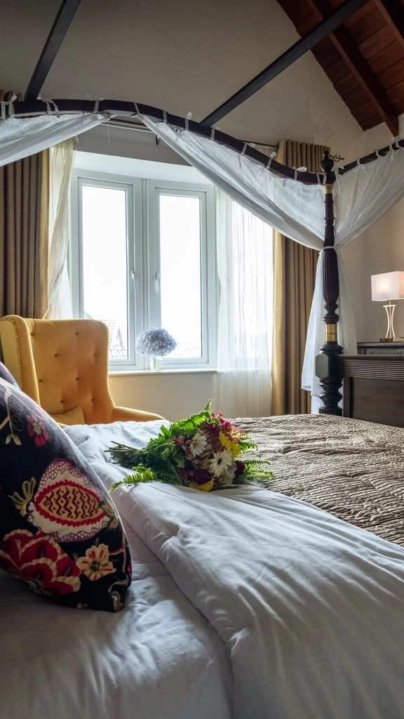 The four-poster bed in a Superior Double Room, seen from the window
