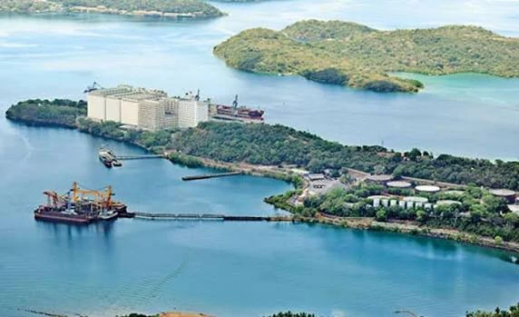 Trincomalee Harbour from above, with ships at anchor between wooded headlands