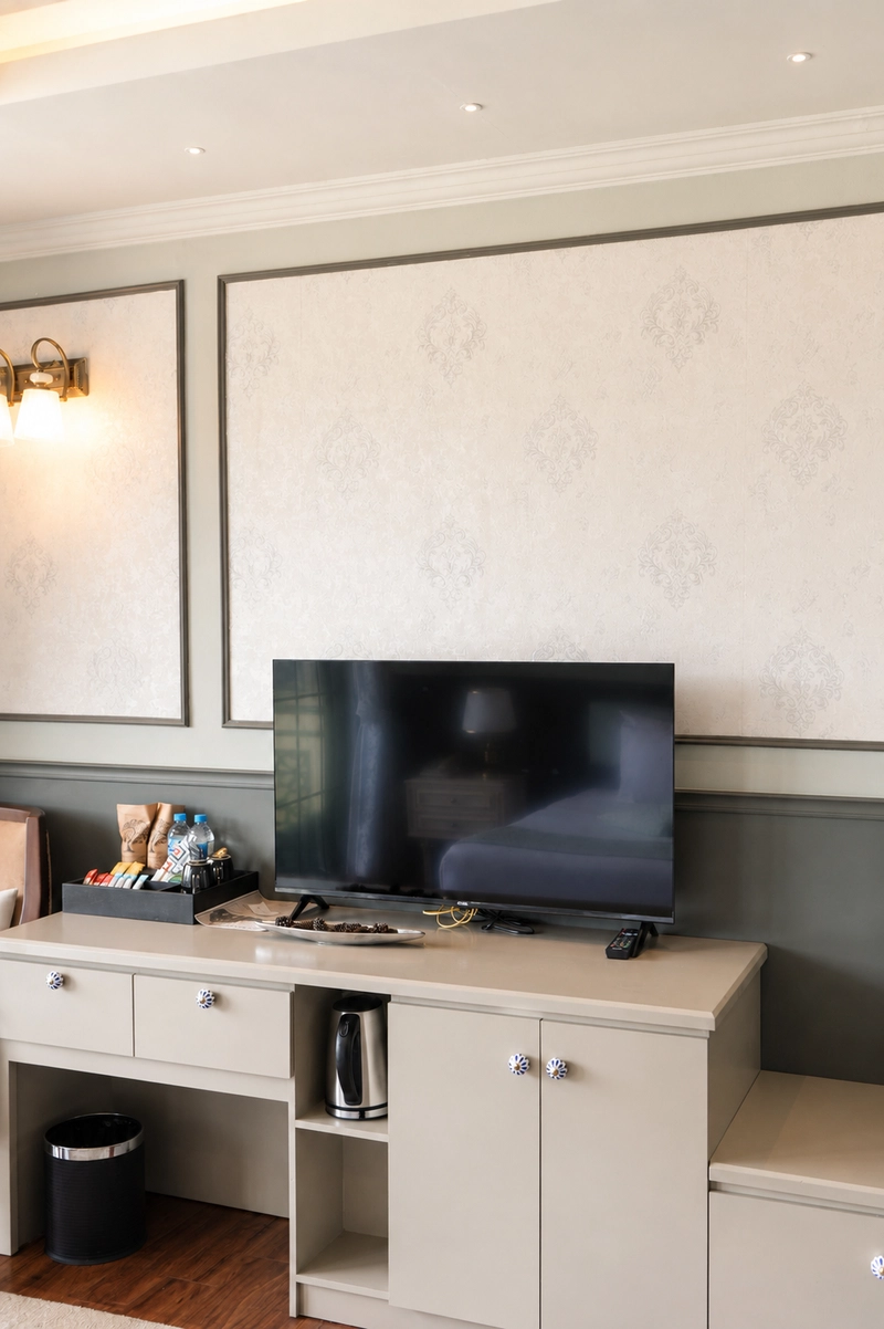 The desk and television in a room at Royal Lake