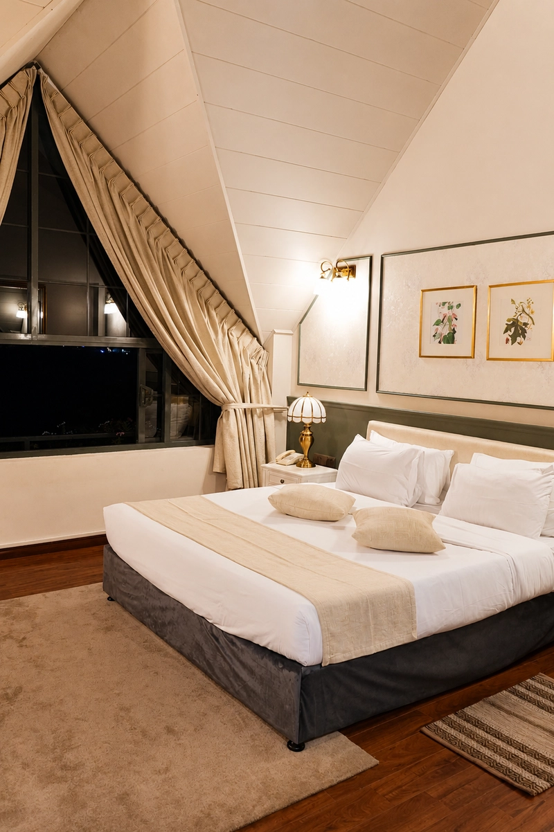 A third-floor Superior Deluxe Room under its sloping ceiling